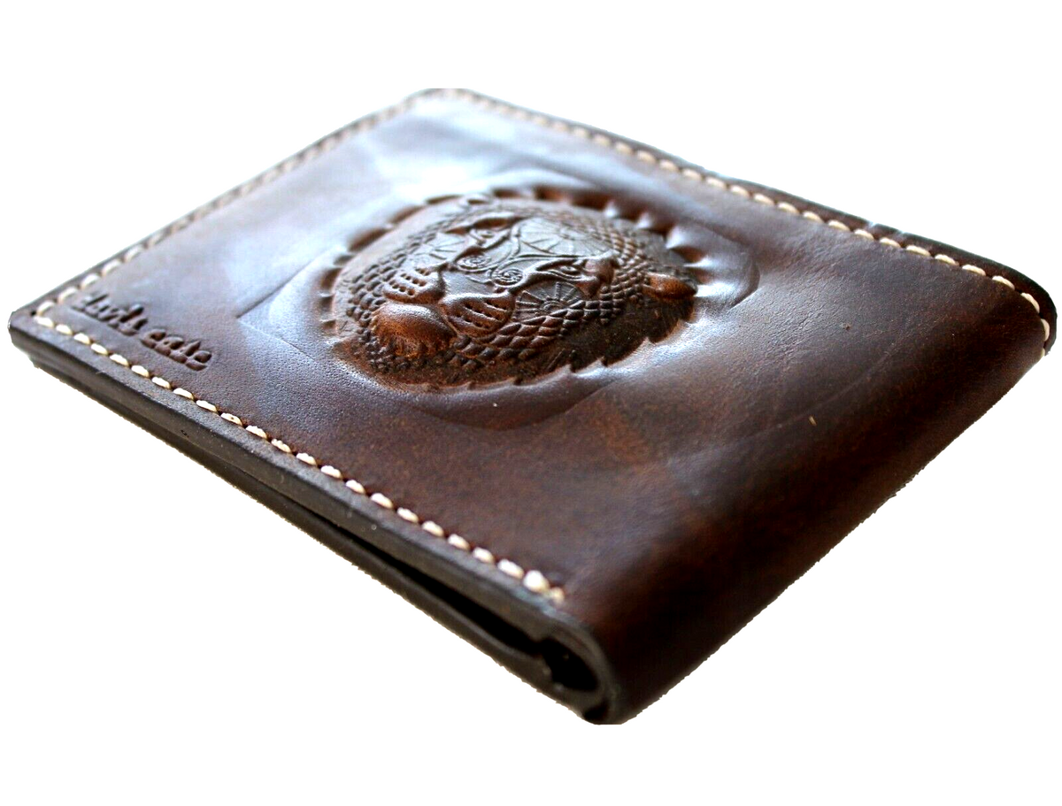 Men's genuine leather wallet by DAVISCASE with credit card slots, bill compartment, in brown leather with lion and tiger embossing.