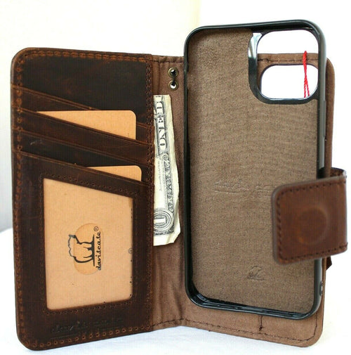 Genuine dark leather iPhone 12 case by DAVISCASE with vintage book wallet design, credit card slots, and magnetic removable cover.
