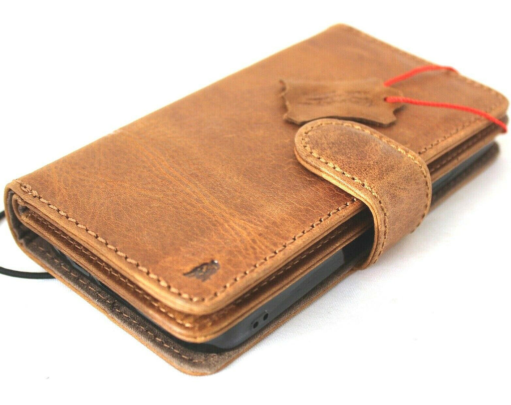 Genuine tan leather iPhone 12 Mini case by DAVISCASE with credit card slots, vintage design, soft closure, and magnetic detachable cover.