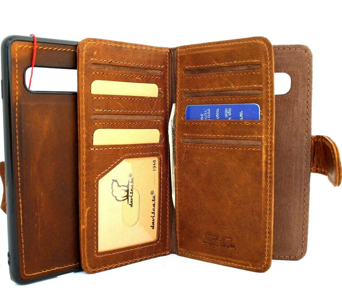 Genuine leather Samsung Galaxy S10 wallet case by DAVISCASE with card slots, rubber window, magnetic flip closure, and detachable design.
