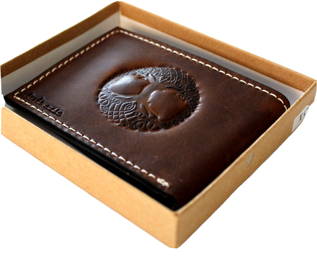 Men's genuine leather wallet by DavisCase with credit card slots, bill compartment, and Tree of Life design in brown leather.