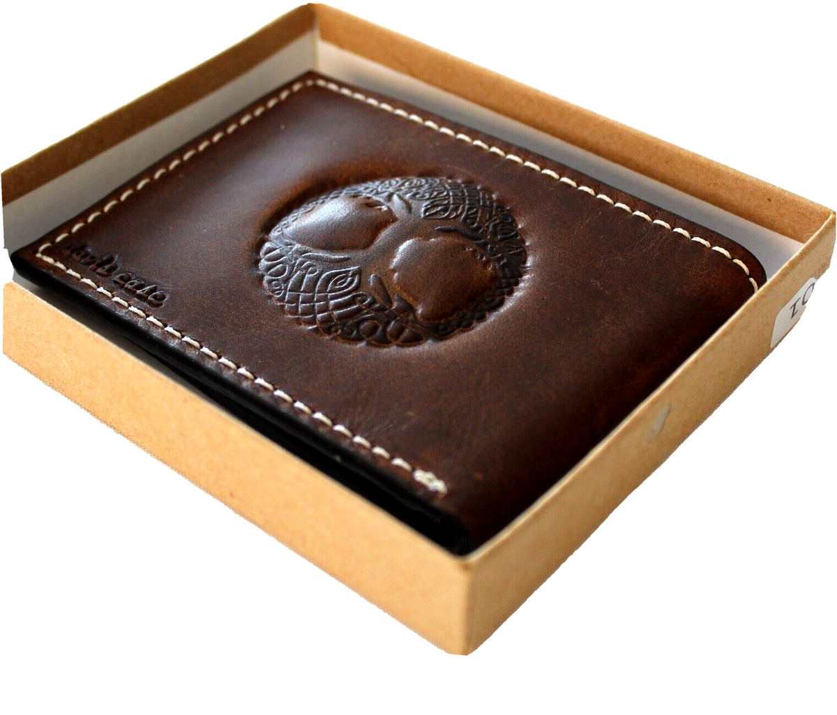 Men's genuine leather wallet by DavisCase with credit card slots, bill compartment, and Tree of Life design in brown leather.