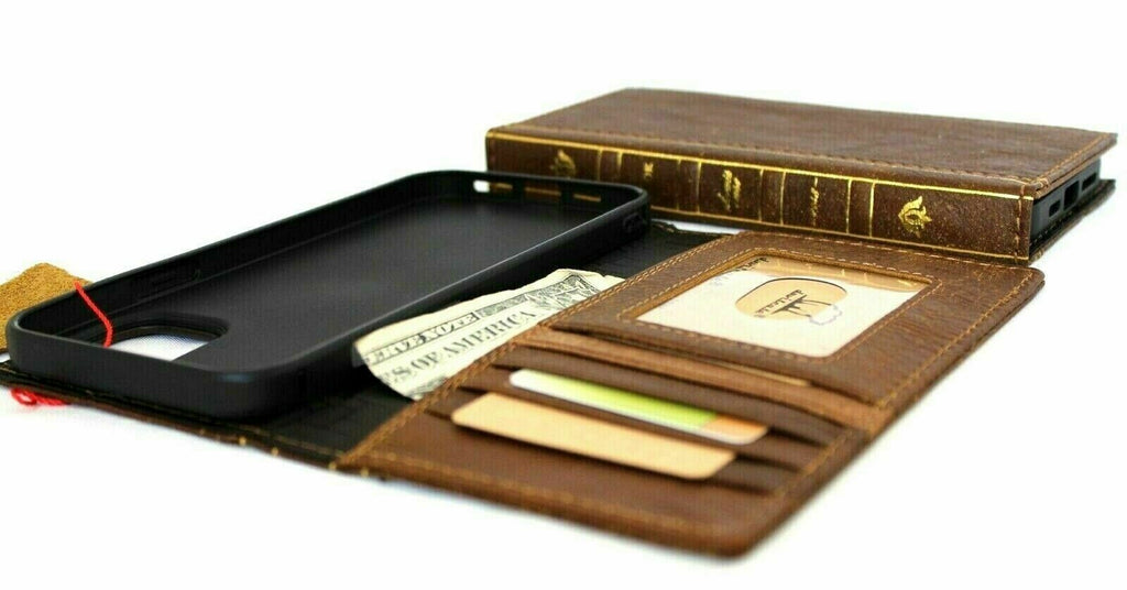 Genuine full tan leather wallet case for iPhone 12 Pro Max by DAVISCASE with ID window, credit card slots, and slim book design.