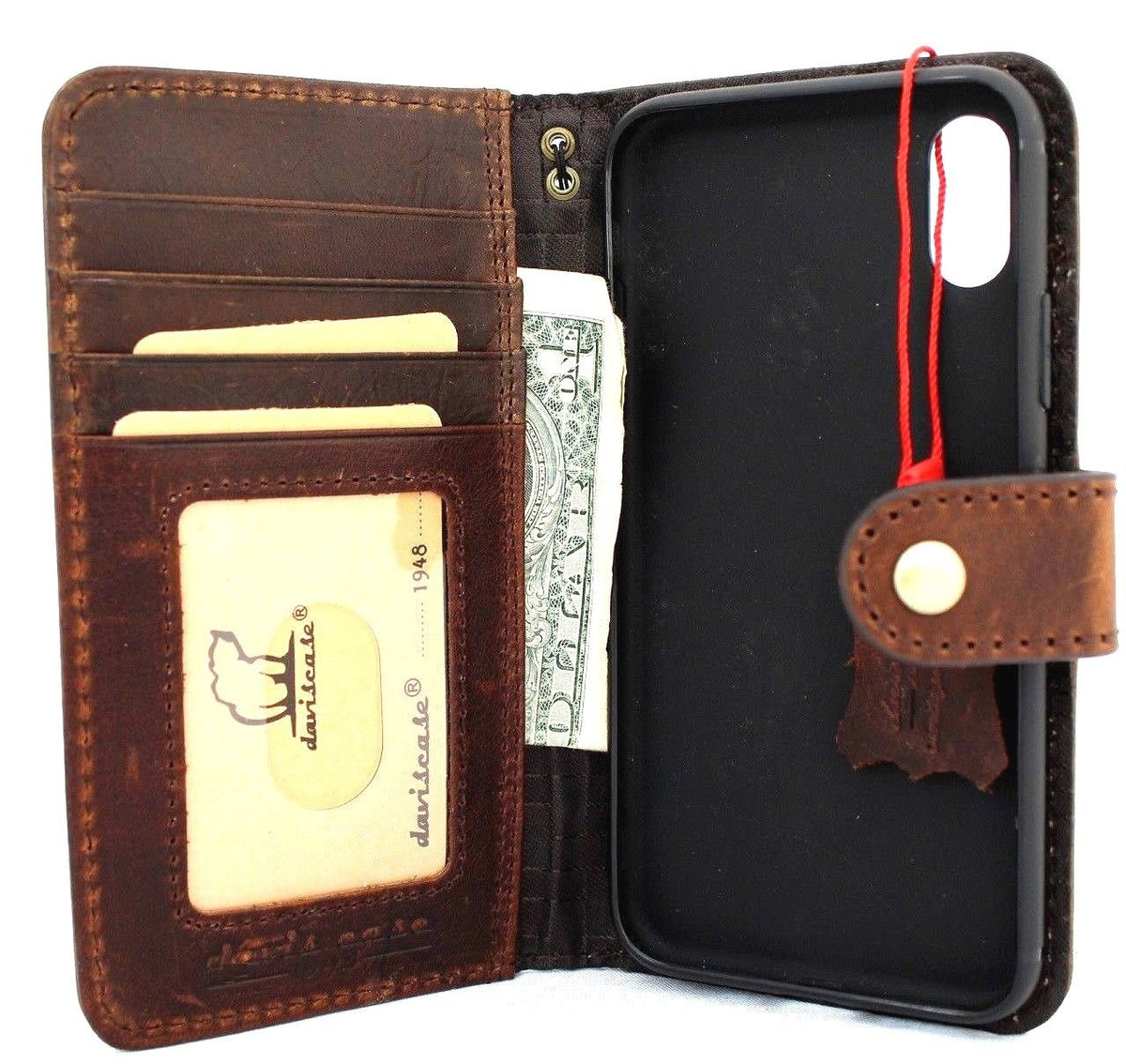 Vintage-style DAVISCASE genuine leather wallet case for iPhone XS with wireless closure, handmade strap, and credit card slots.