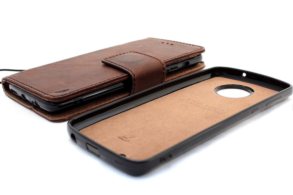 Genuine full leather phone case for Motorola Moto G6 Plus with removable wallet, skin clip, and magnet closure.