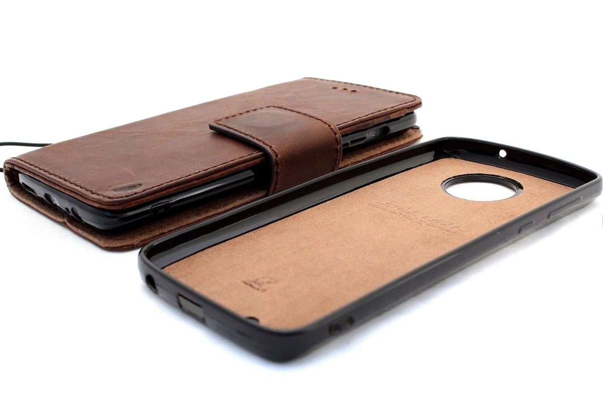 Genuine full leather phone case for Motorola Moto G6 Plus with removable wallet, skin clip, and magnet closure.