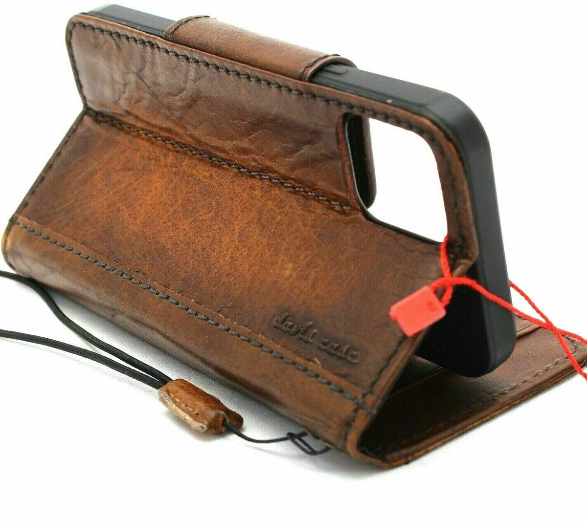 Handmade DAVISCASE genuine leather wallet case for iPhone 12 Pro, vintage look with ID window, card slots, magnetic closure.