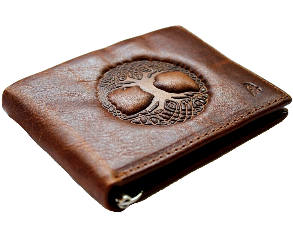 Men's genuine leather wallet by DAVISCASE with credit card slots and bill compartment, featuring a handmade tan design with Tree of Life detail.