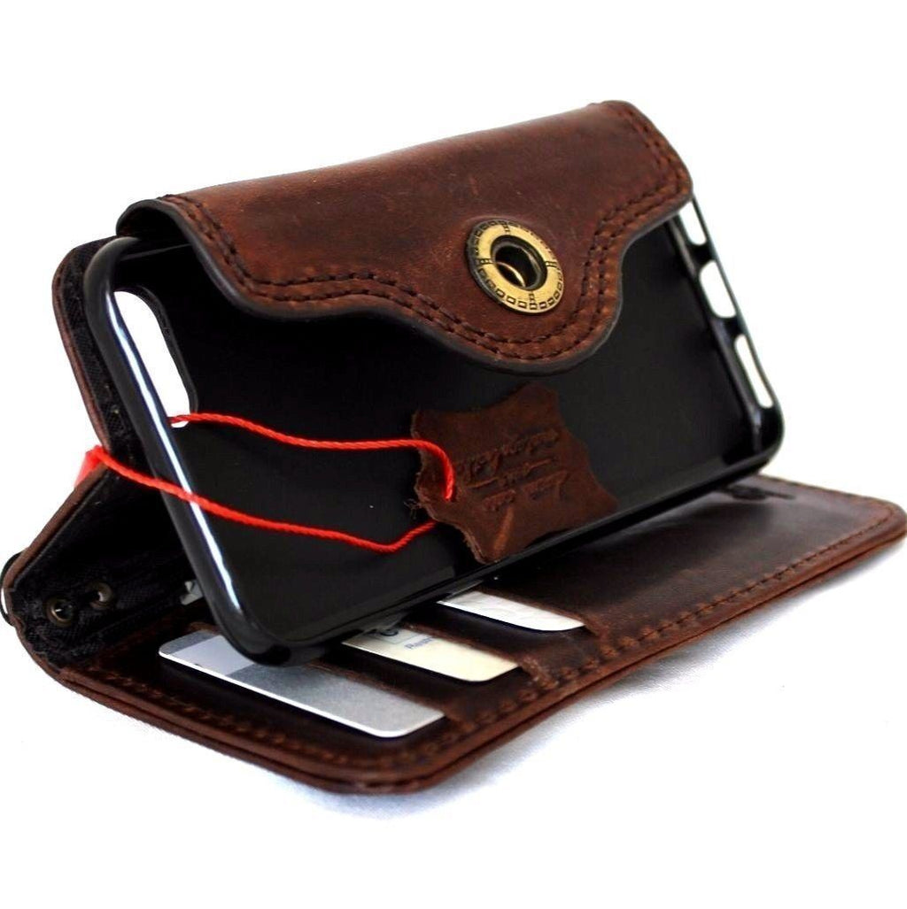 Genuine full leather iPhone 8 case with wallet card slots, vintage style, slim design, for wireless charging and classic luxury look.