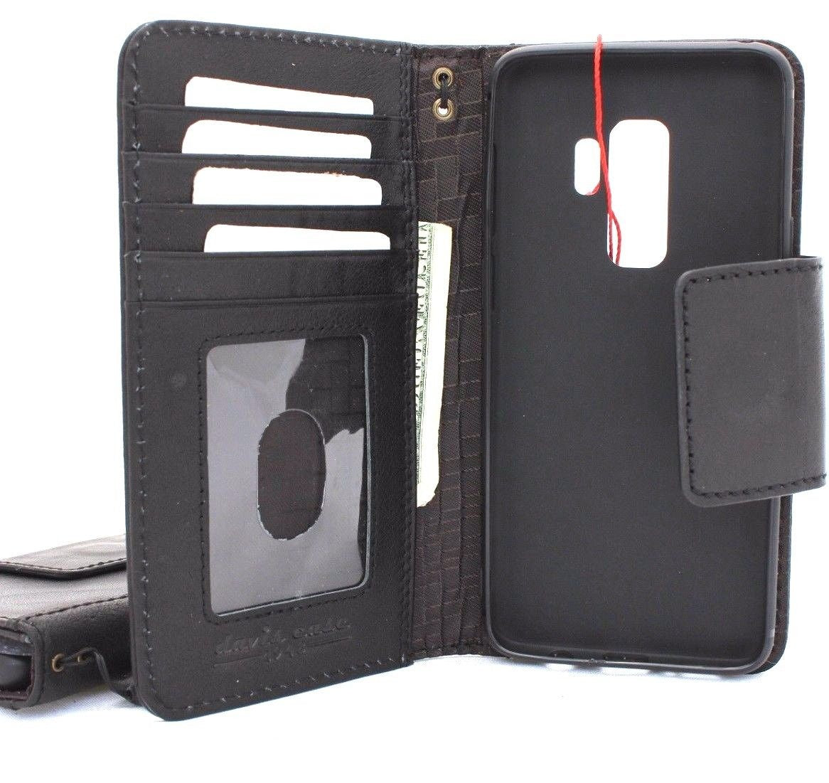 Black genuine vintage leather Samsung Galaxy S9 Plus case with wallet design, magnetic closure, card slots, and strap by DAVISCASE.