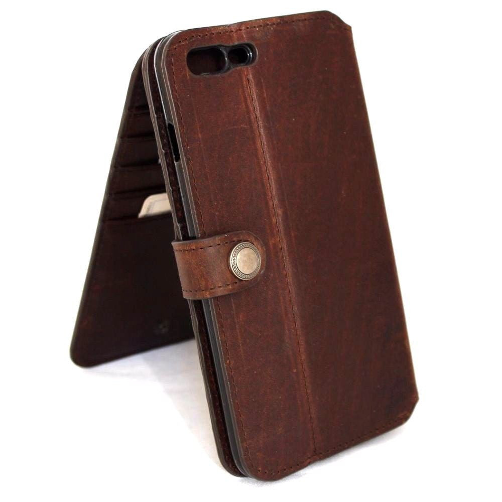 Brown genuine leather iPhone 8 book wallet case with card slots, RFID protection, handmade design, and secure cover closure.