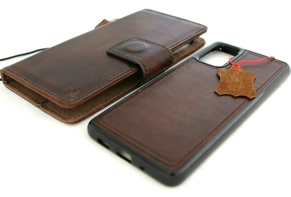 Genuine full leather Samsung Galaxy S20 Plus case by DAVISCASE with wallet features, card window, removable cover, and magnetic stand.