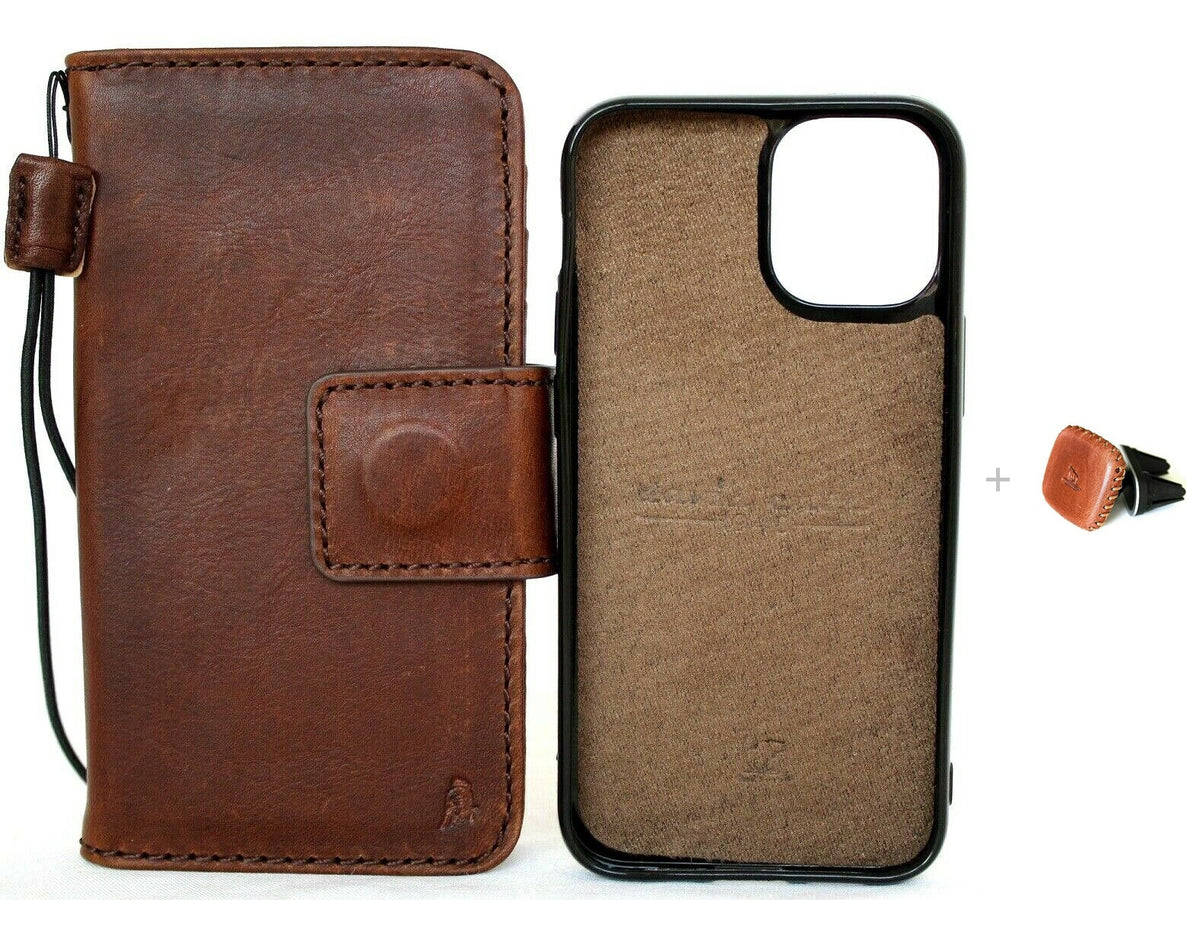 Genuine full dark leather iPhone 12 Mini case with wallet style, credit card slots, magnetic closure, soft cover, and magnetic car holder.