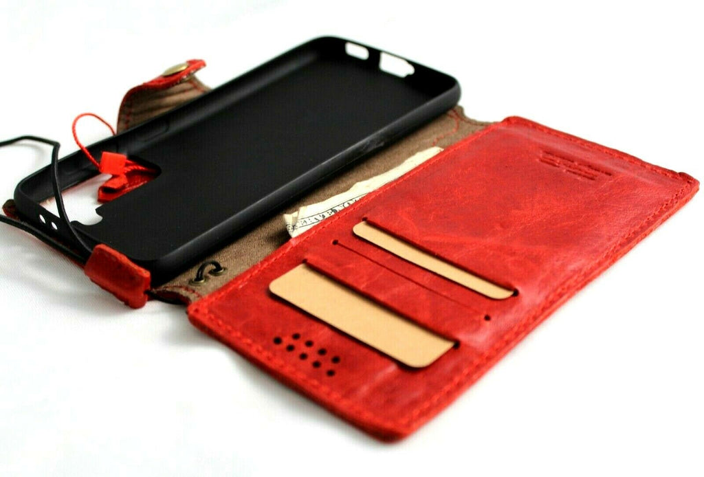 Handmade genuine red leather Samsung Galaxy S21 book wallet case with rubber holder by DAVISCASE, designed for wireless charging.