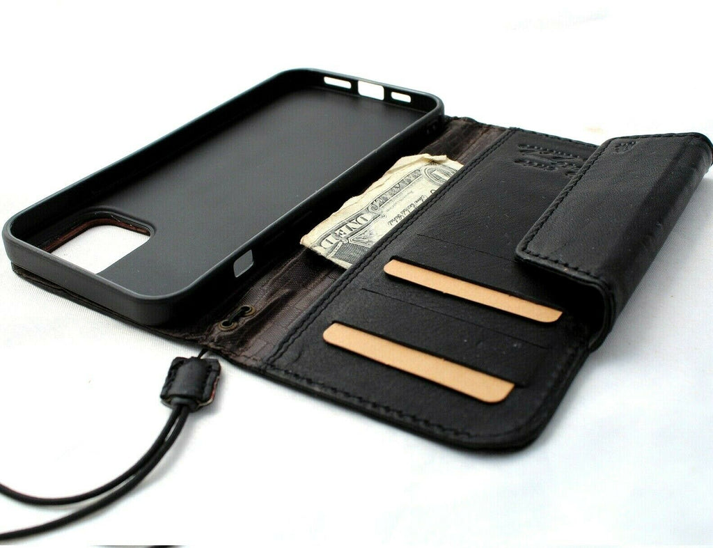 Black genuine leather wallet case for Apple iPhone 13 Pro Max with credit card slots, soft cover by DAVISCASE.