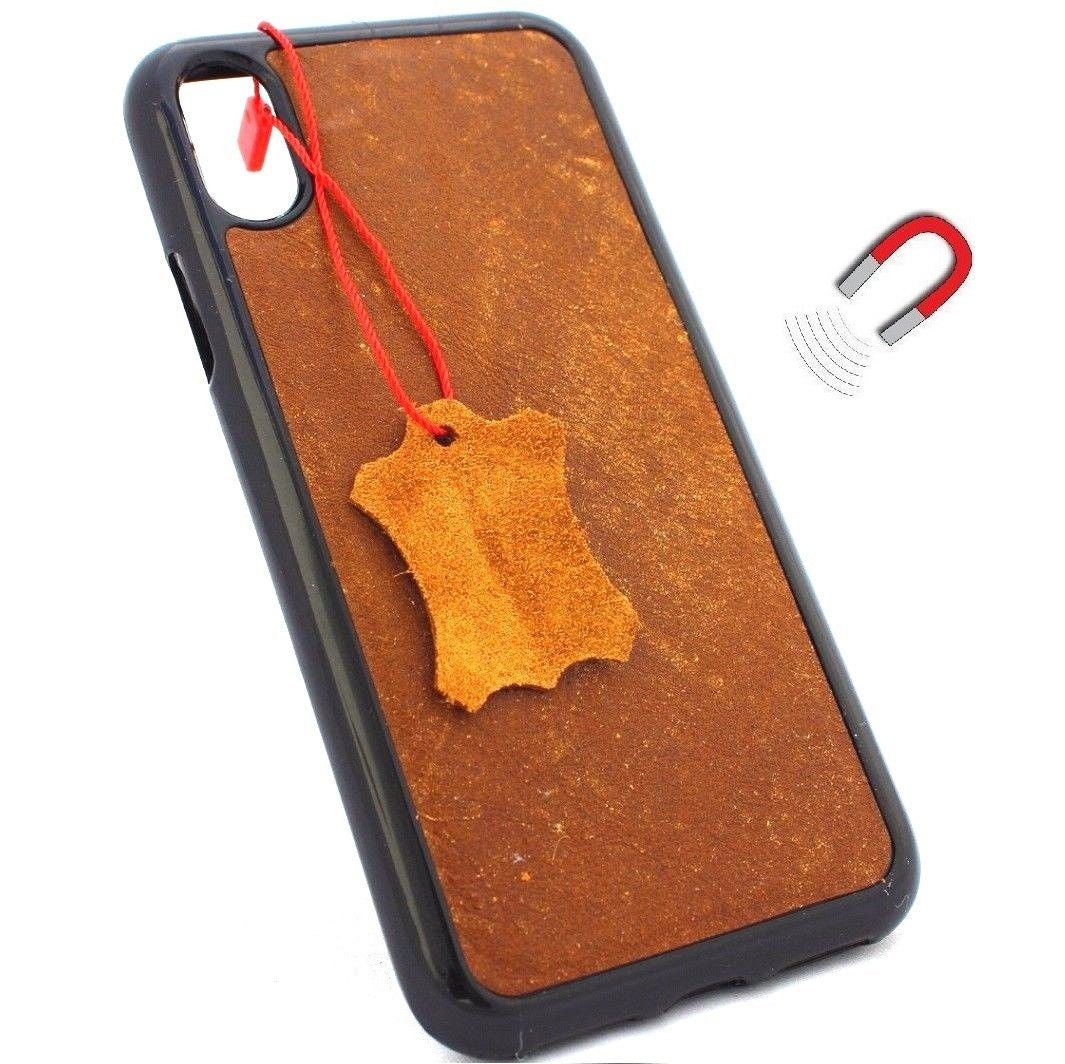 Bright brown genuine leather iPhone X book wallet case with magnetic closure, handmade by DAVISCASE, vintage style.