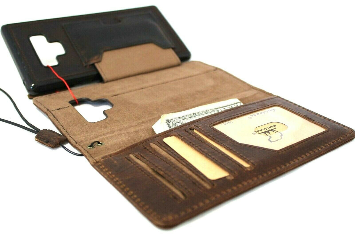 Genuine dark vintage leather Samsung Galaxy Note 9 wallet case with multi-card slots, ID window, soft design, and wireless charging compatibility.