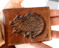 Men's genuine leather wallet by DAVISCASE with credit card slots and bill compartment, featuring a tan handmade Tree of Life design.
