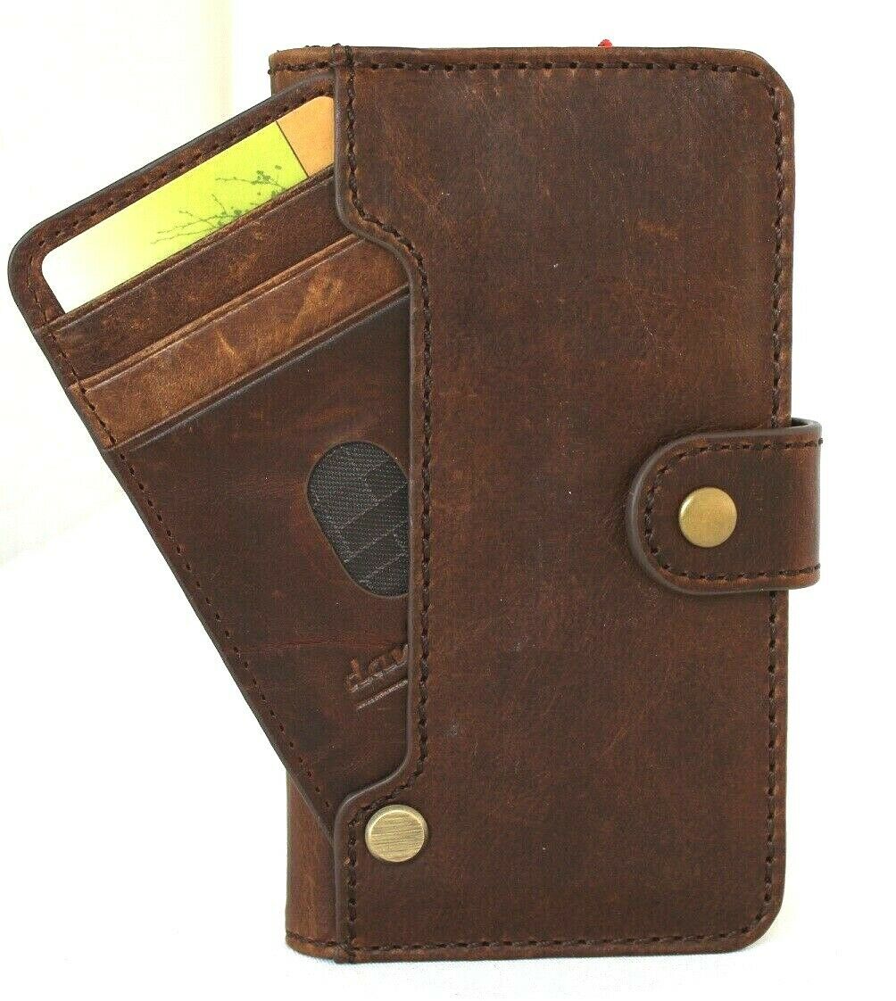 Handmade dark leather iPhone 12 Pro case with vintage book wallet style, ID window, credit card slots, full grain leather by DAVISCASE.