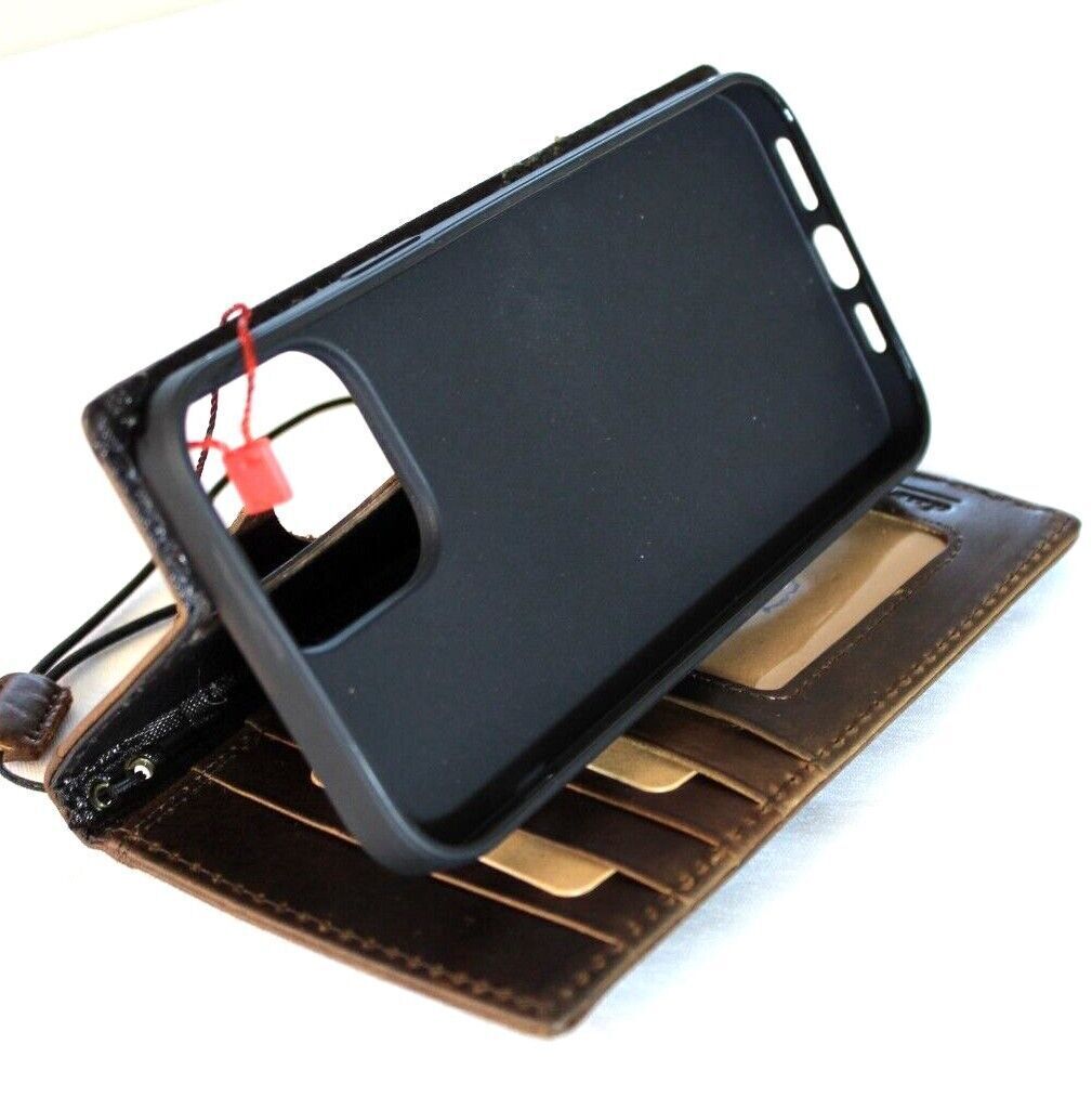 Handmade genuine leather phone case for iPhone 11-15 Pro Max with vintage style, credit card slots, crafted by DAVISCASE.
