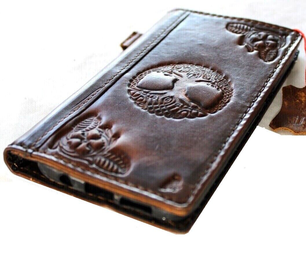 Handmade genuine leather phone case for Samsung Galaxy S22, S21, S20, Note 20, A71, A51, with vintage art wallet design and Tree of Life pattern.