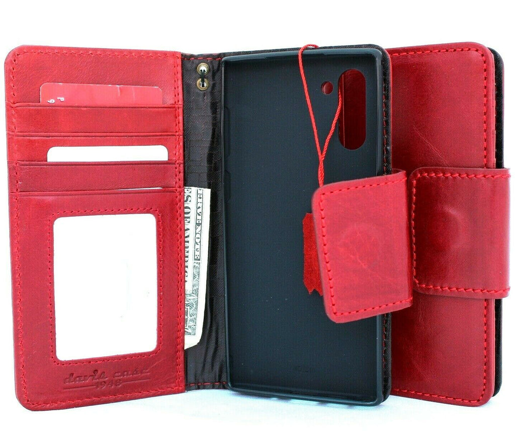 Red genuine leather flip wallet case for Samsung Galaxy Note 10 with magnetic closure and wireless charging compatibility.