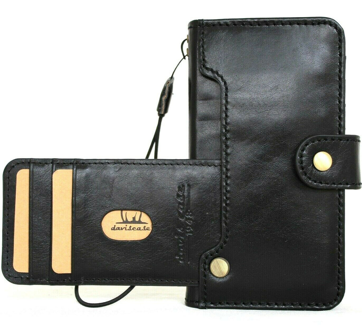 Genuine black leather iPhone 12 case with wallet book style, ID window, credit card slots, handmade by DAVISCASE