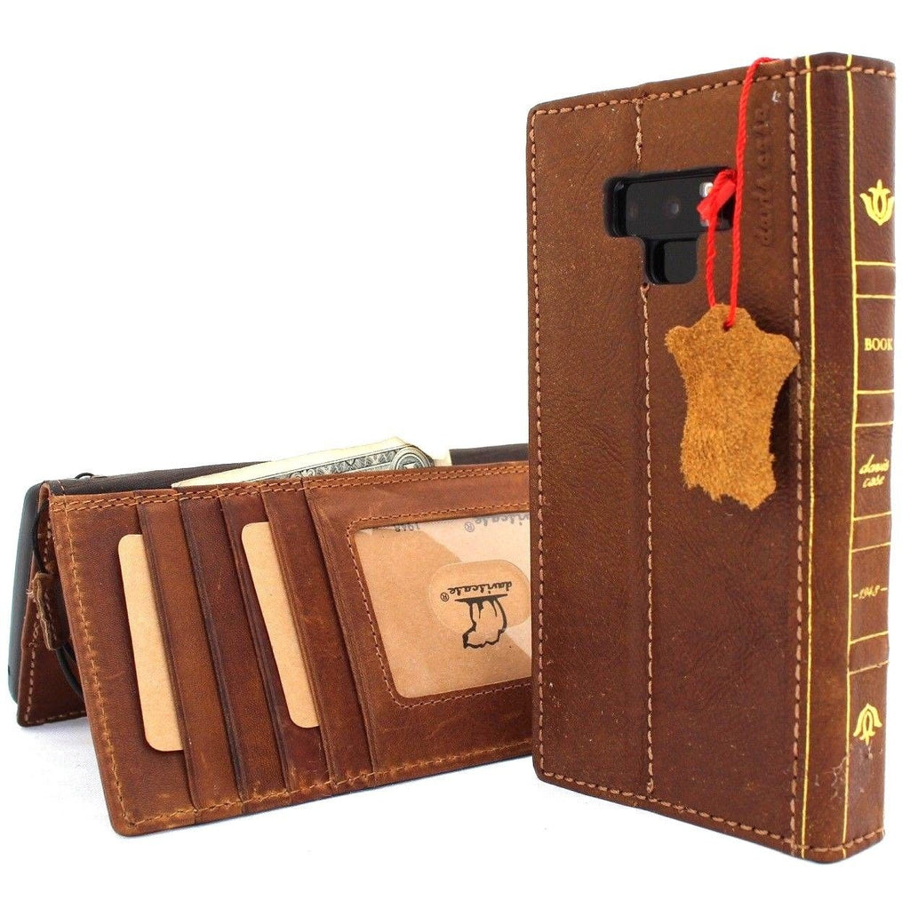 Genuine tan leather wallet case for Samsung Galaxy Note 9 by DAVISCASE, with card slots, slim design, and wireless charging compatibility.