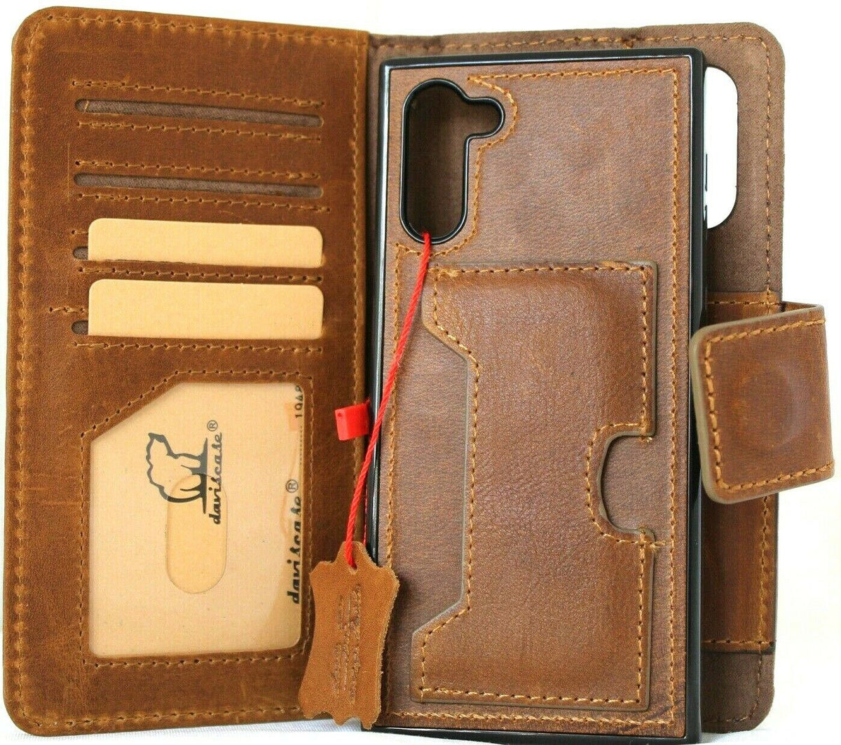 Genuine full tanned leather Samsung Galaxy Note 10 case by DAVISCASE with wallet design, window slot, soft interior, and slim stand feature