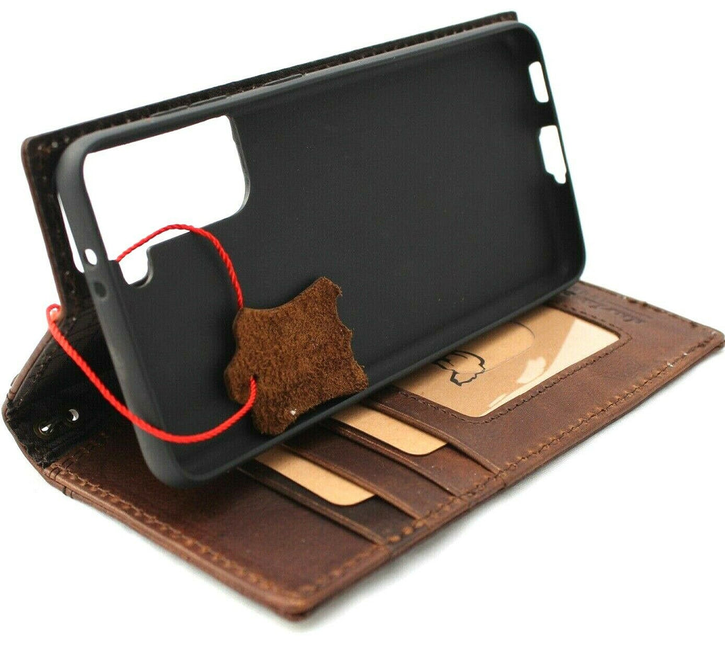Vintage leather Samsung Galaxy S21 case by DAVISCASE with card slots, ID window, wireless charging holder, and wallet features.