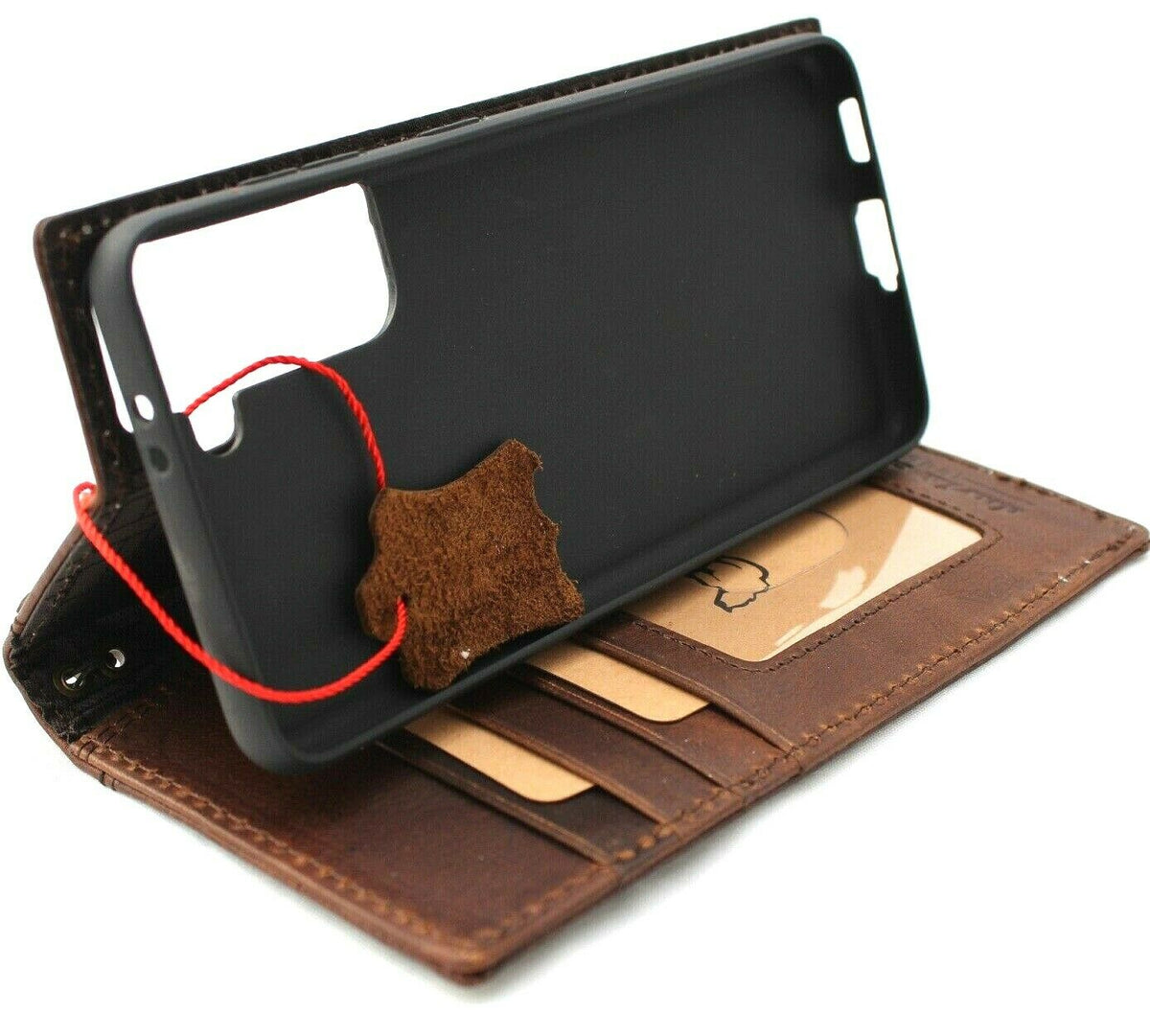 Vintage leather Samsung Galaxy S21 case by DAVISCASE with card slots, ID window, wireless charging holder, and wallet features.