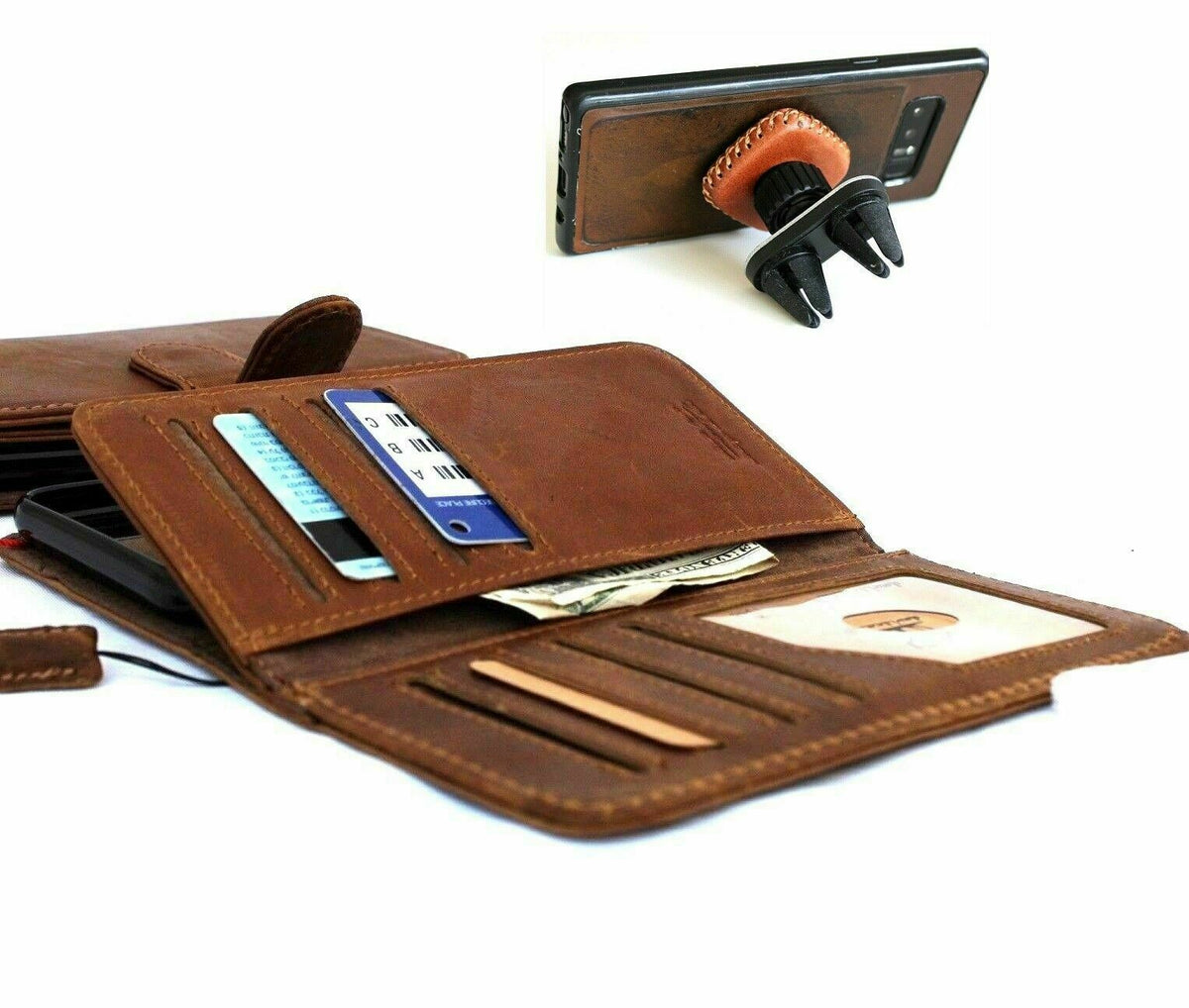 Handmade genuine leather case for Samsung Galaxy Note 10, with wallet, window, rubber stand, magnetic car holder, and slim design.