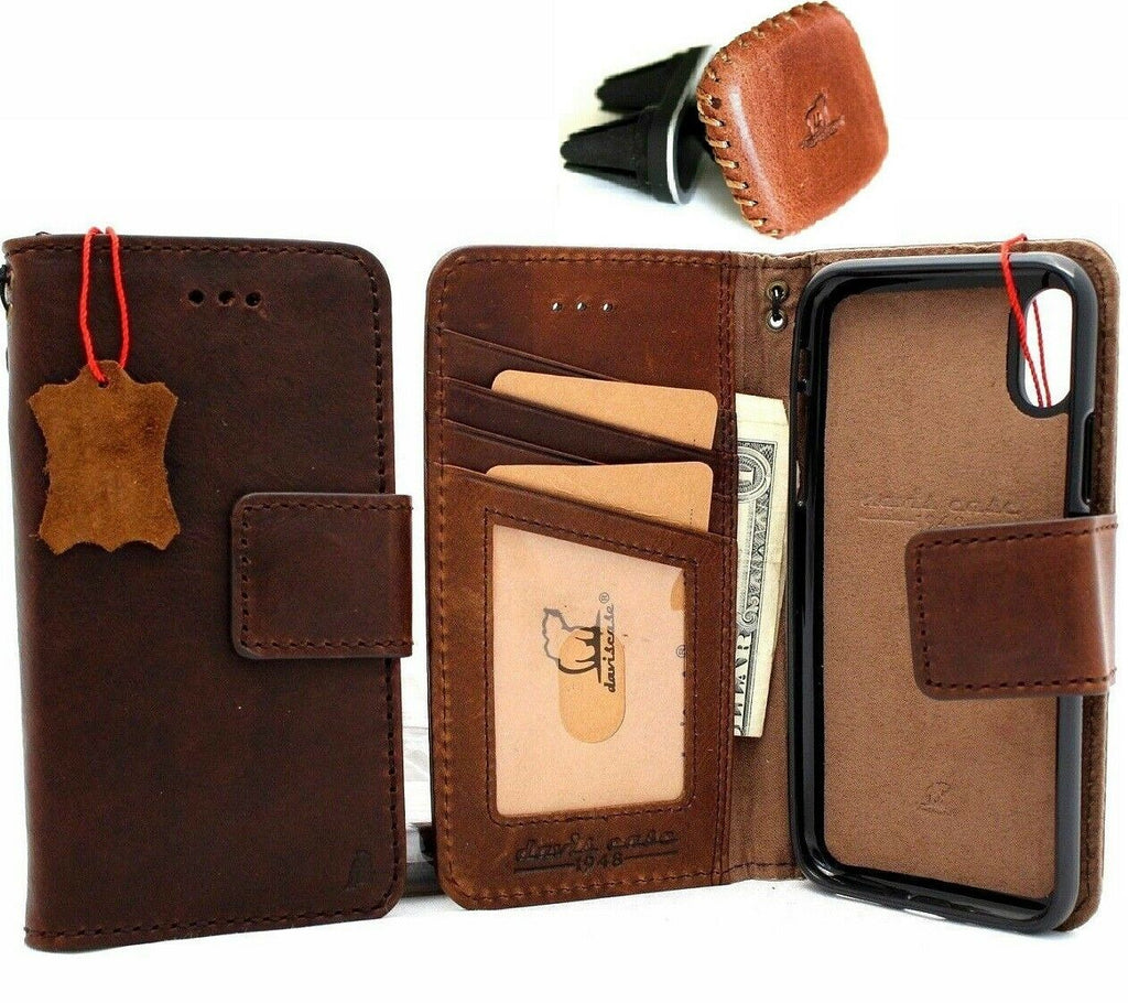 Genuine full leather iPhone XS case by DAVISCASE with slim wallet design, credit card holder, removable magnetic stand, and car mount
