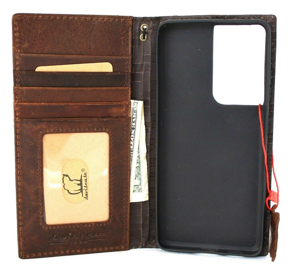 DavisCase genuine leather book wallet case for Samsung Galaxy S21 Ultra 5G with card slots, ID window, rubber stand, and wireless charging.