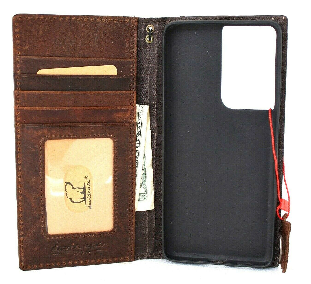 DavisCase genuine leather book wallet case for Samsung Galaxy S21 Ultra 5G with card slots, ID window, rubber stand, and wireless charging.