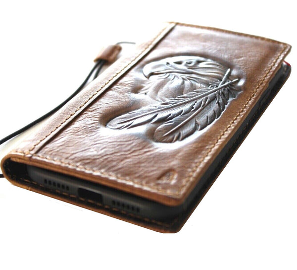 Genuine Leather Case For Apple iPhone 11 12 13 14 15 Pro Max 7 8 plus Eagle crafts SE XS Wallet  Book Vintage Tan Vulture Stamping  Style Credit Card Slots Cover Wireless Full Grain Davis luxury Mini Art Diy