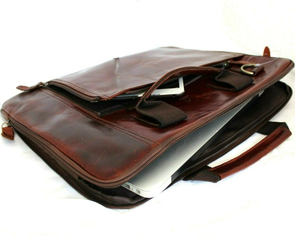 Men's brown DAVISCASE genuine leather shoulder bag with crossbody strap, suitable for laptop and iPad, classic briefcase style.