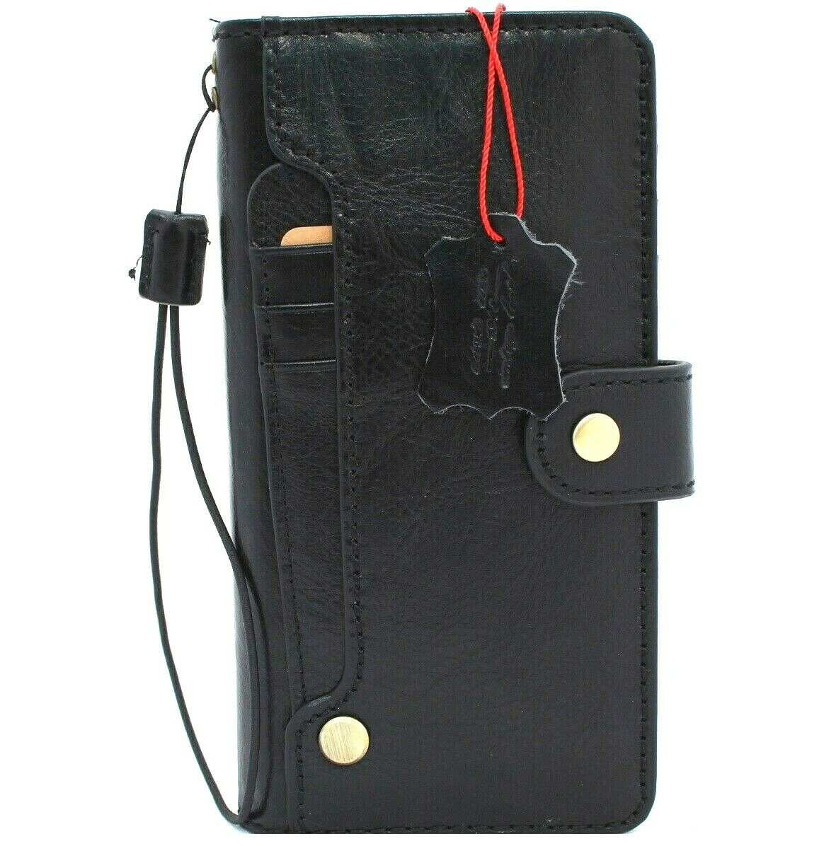 Genuine black leather Galaxy Note 20 Ultra 5G wallet case with ID window and rubber holder by DavisCase, designed for wireless charging.
