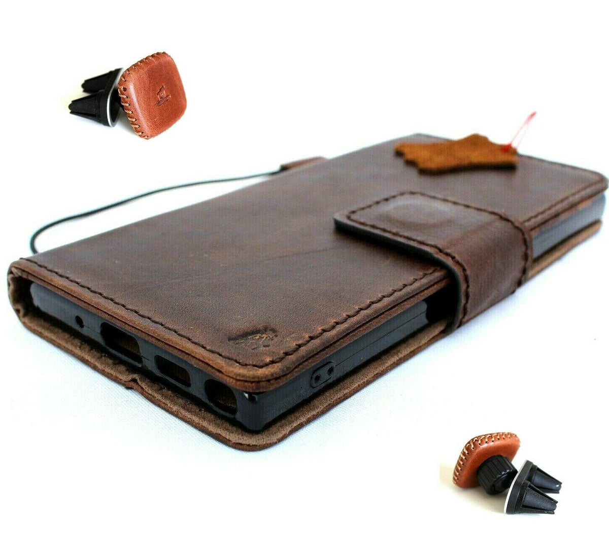 Handmade genuine full soft leather Samsung Galaxy Note 10 wallet case with window, slim stand, magnetic car holder, and removable features.