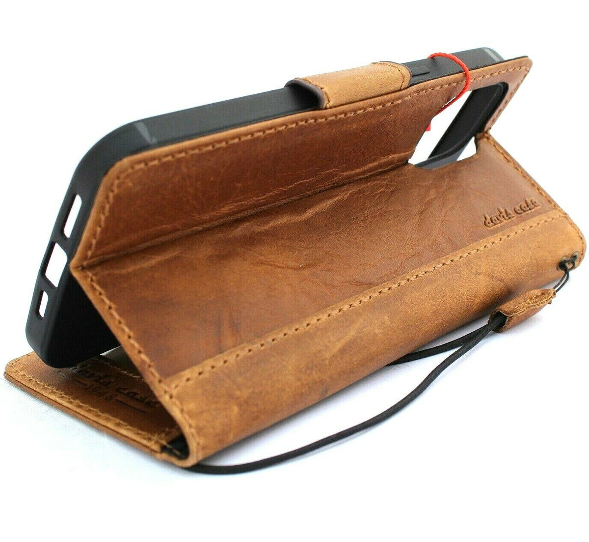 Handmade DavisCase genuine leather phone case for iPhone 11 to 15 Pro Max with vintage-style credit card slots in tan full grain leather.