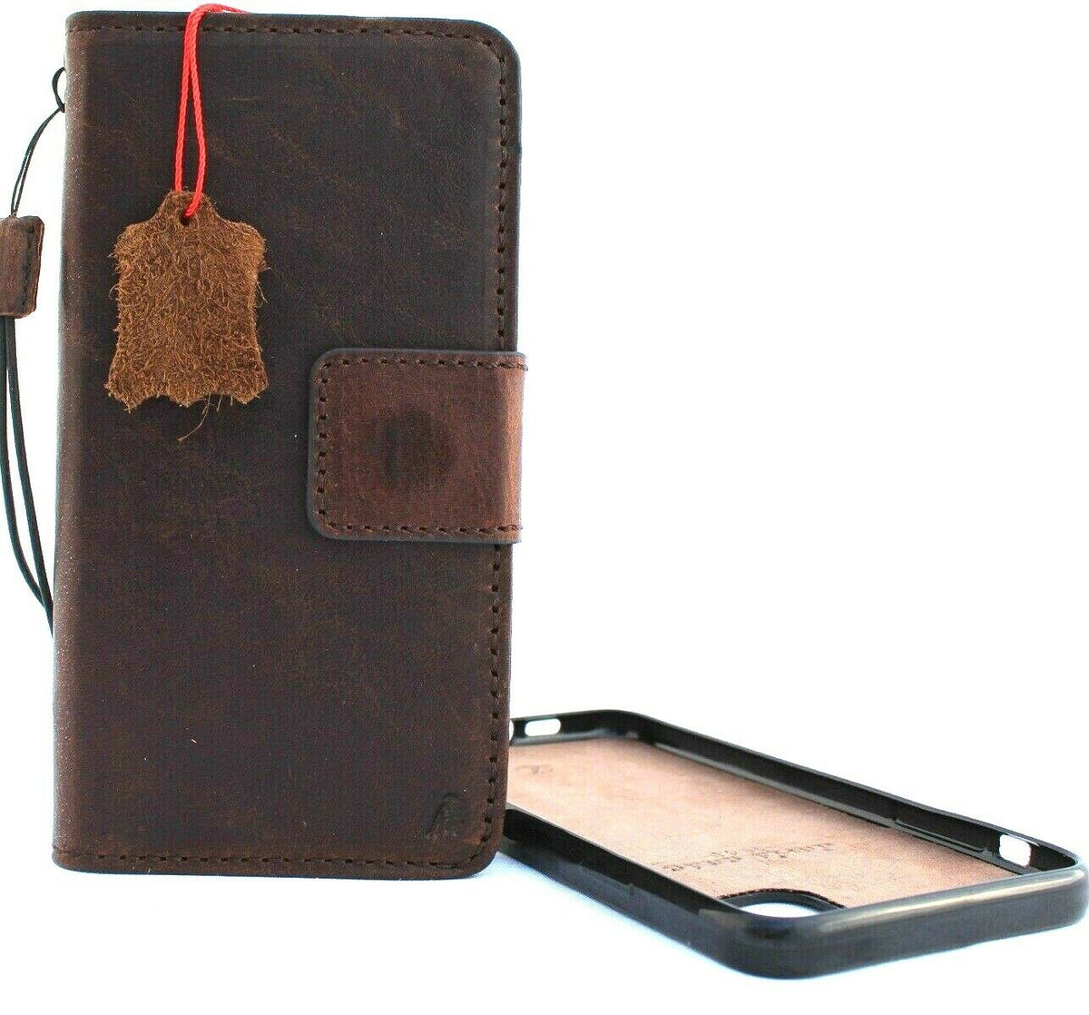 Handmade genuine leather iPhone 11 Pro Max case with wallet credit holder, magnetic closure, soft interior, and removable rubber insert.