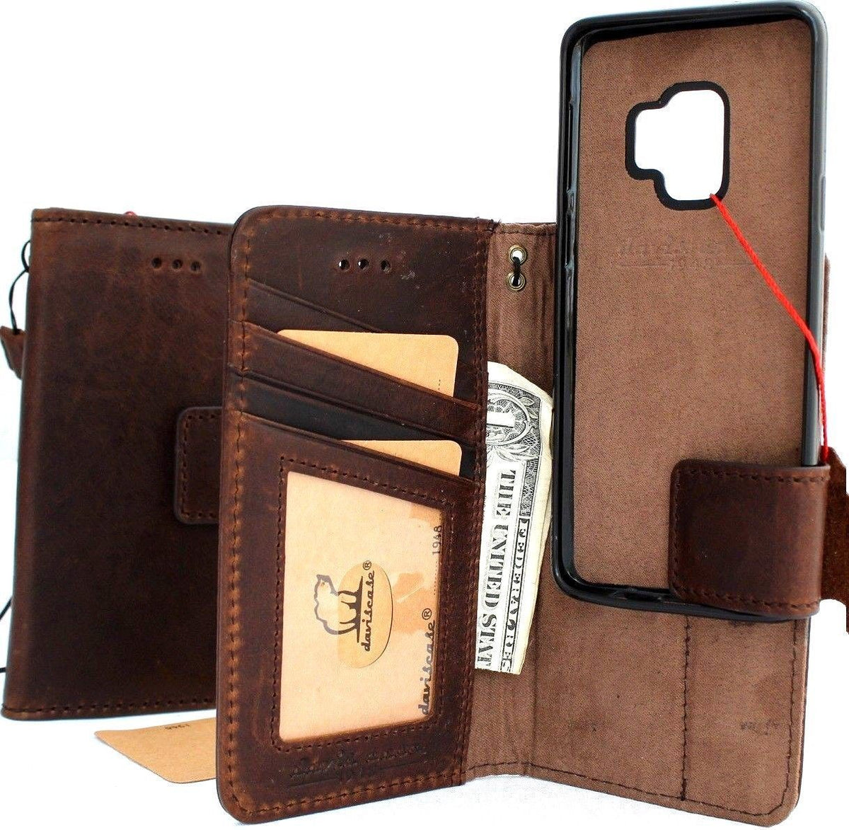 Vintage brown leather wallet case for Samsung Galaxy S9 by DAVISCASE, featuring card slots, detachable window, and slim design.