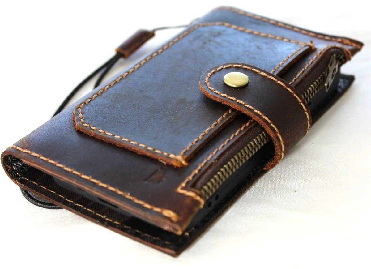 Handmade genuine leather phone case for Galaxy S series and A series, vintage style with zipper and wallet features.