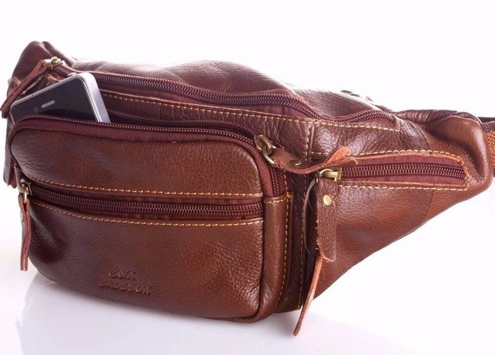Genuine soft brown leather waist pouch bag for men with retro design and zipper closure, by DAVISCASE.