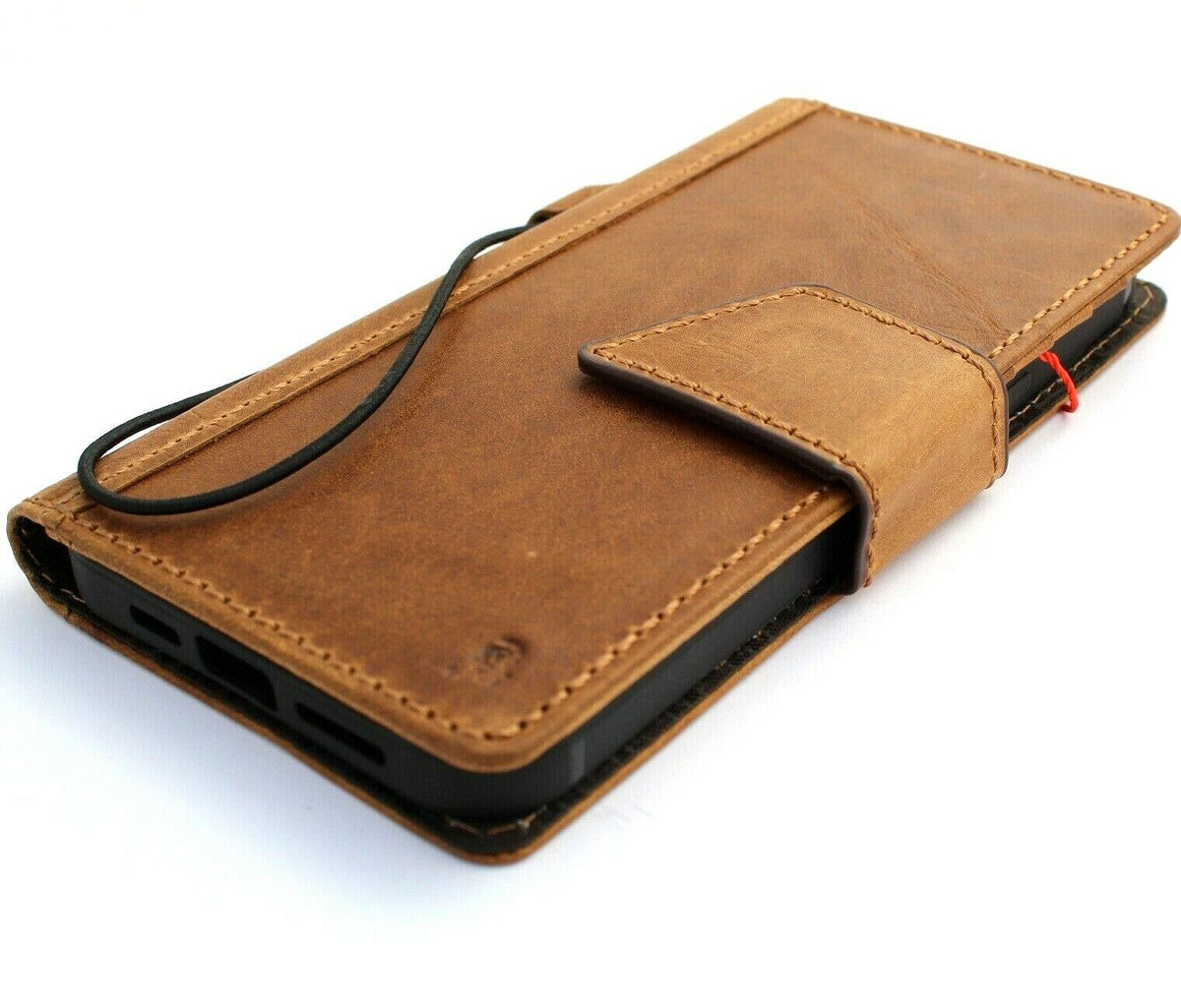 Handmade DAVISCASE leather phone case with vintage style, credit card slots, for iPhone 13, 12, 11, 14, 15 Pro Max, SE 2, XS, and more.