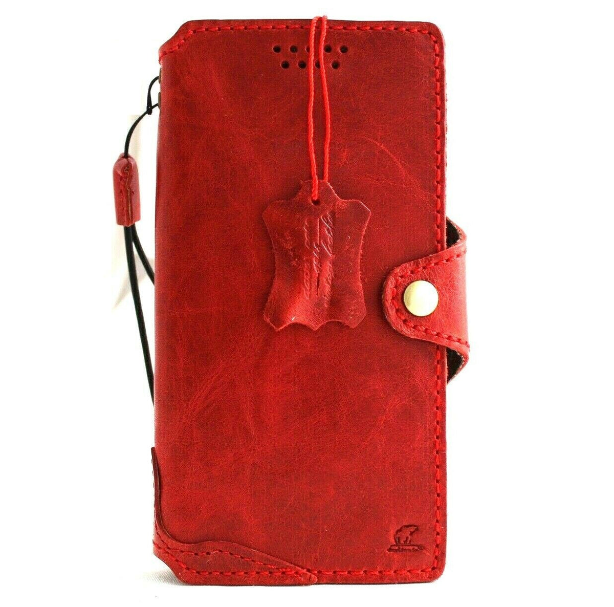 Genuine red leather Samsung Galaxy S21 wallet case by DavisCase, handmade rubber holder, wireless charging compatible.