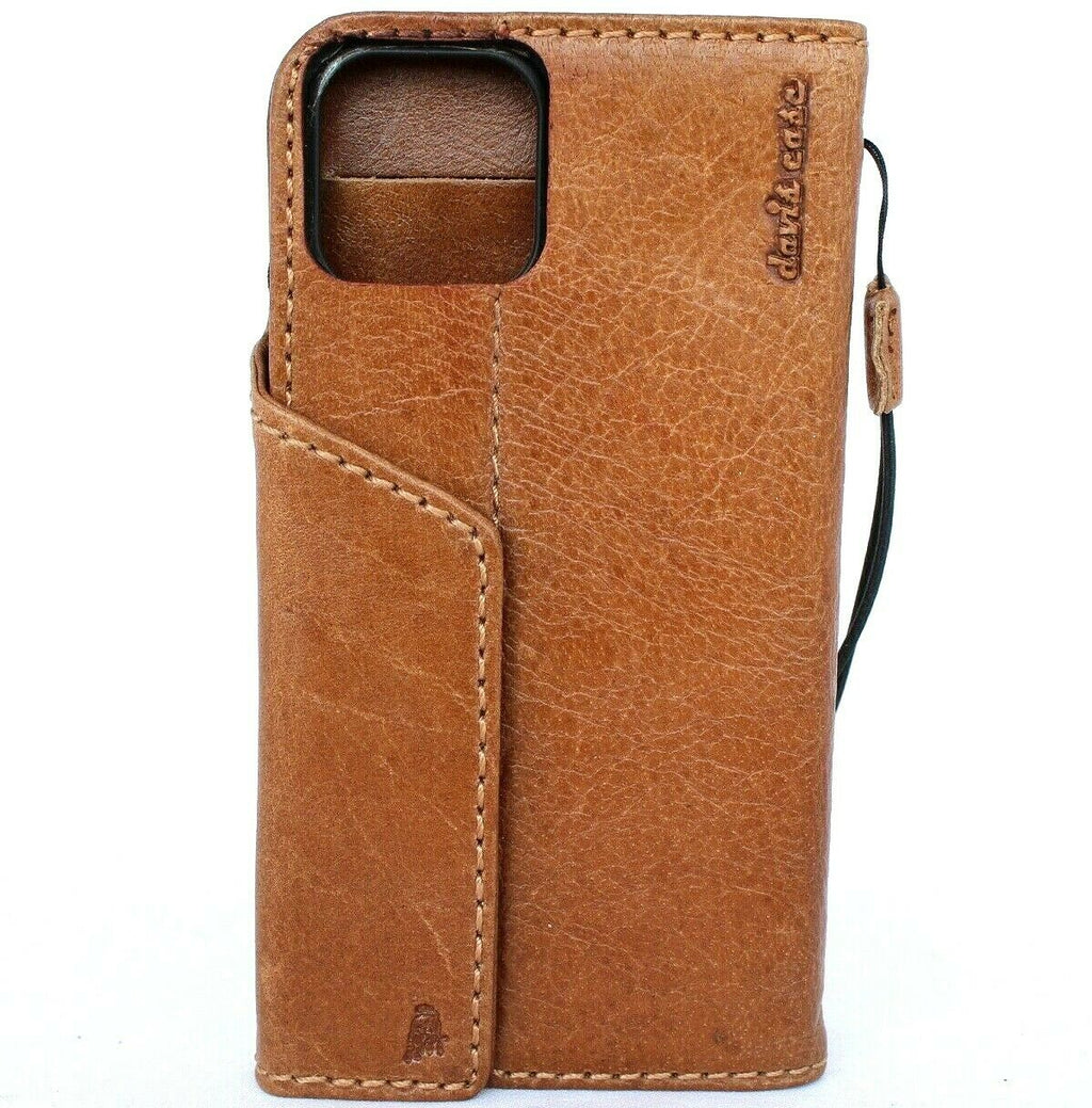 Genuine tan leather wallet case for iPhone 12 Pro Max by DAVISCASE, featuring credit card slots and soft handmade cover.