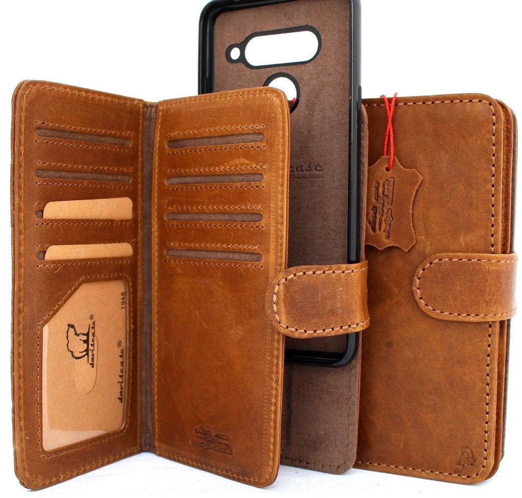 Genuine leather phone case for LG V40 ThinQ with wallet design, card slots, magnetic holder, soft retro style, handmade Galaxy cover