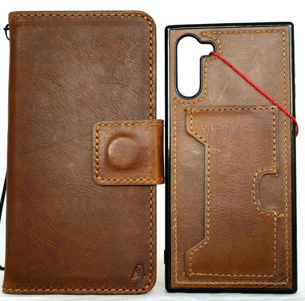 Handmade genuine full tanned leather Samsung Galaxy Note 10 case with wallet design, stand, removable cover, and wireless charging compatibility