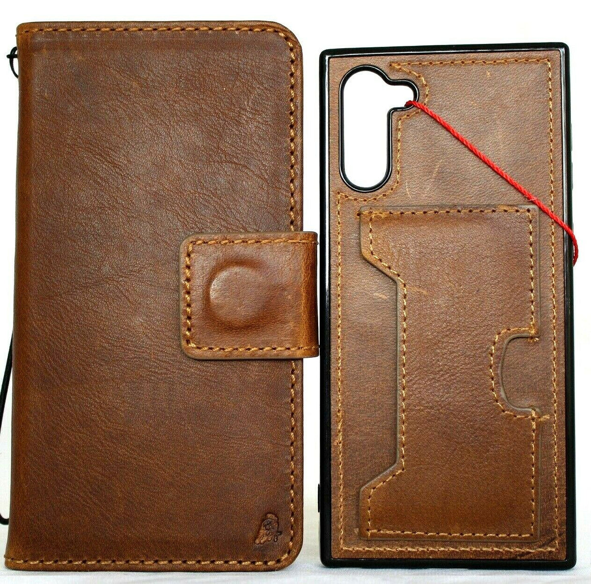 Handmade genuine full tanned leather Samsung Galaxy Note 10 case with wallet design, stand, removable cover, and wireless charging compatibility